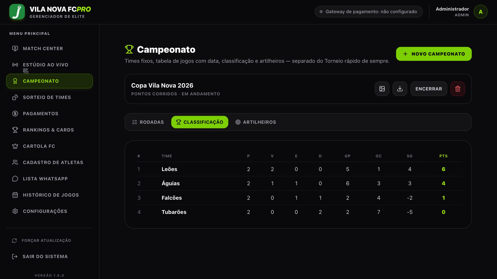 Tela de Campeonato no joga PRO